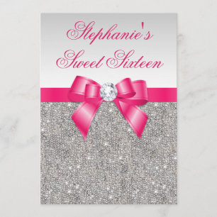 Glamoralt sötat 16 Silver Sequins Shock rosa Bow Inbjudningar