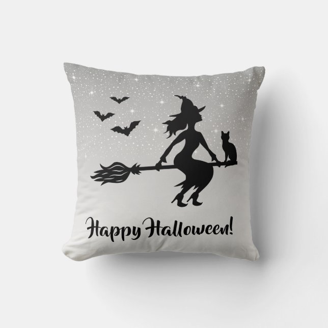 Glamorerat Grått och svart Happy halloween Kudde (Framsida)