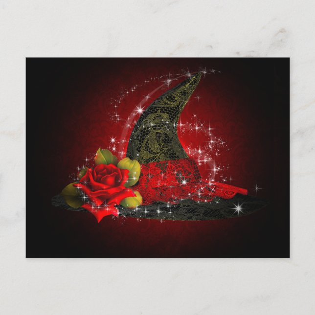 Glamörhatt spetsig svart & röd glitter fest inbjudan vykort (Framsida)