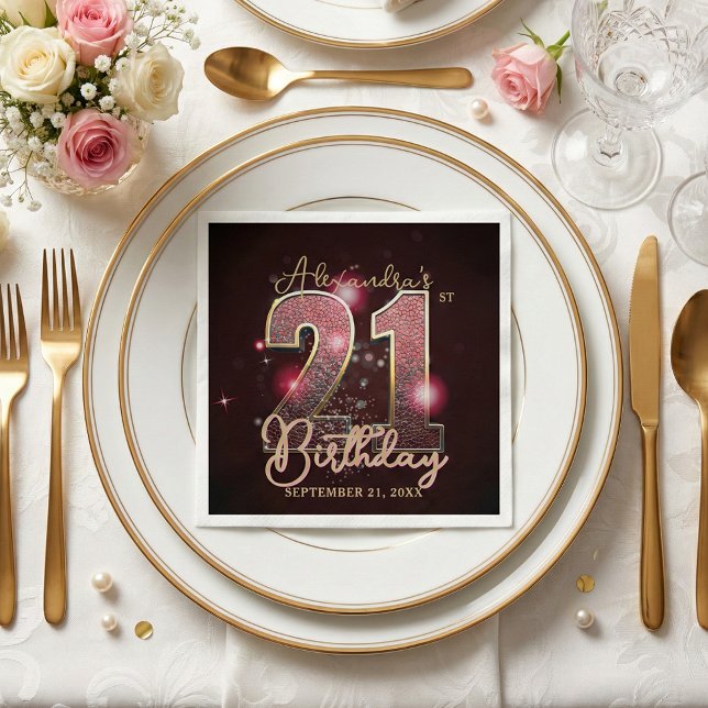 Glamorös 21-årsdag Rosa Guld Rosa Glitter Pappersservett (Skapare uppladdad)