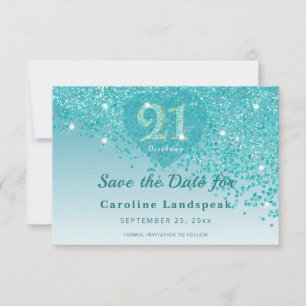 Glamorös 21-årsdag Teal Glitter Frostad Hjärtan Spara Datumet