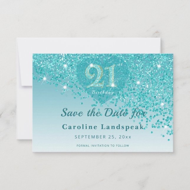 Glamorös 21-årsdag Teal Glitter Frostad Hjärtan Spara Datumet (Framsida)