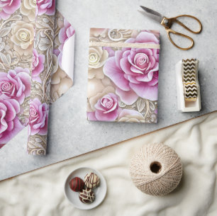 Glamorös 3D-Rosa och Vit ros Mönster Presentpapper