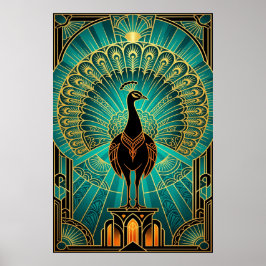 Glamorös Art Deco Påfågel Turkos & Guld Poster