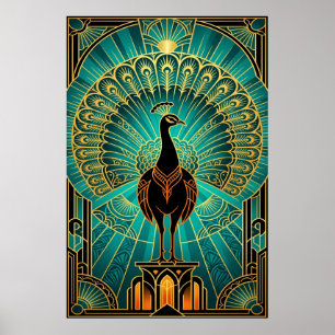 Glamorös Art Deco Påfågel Turkos & Guld Poster