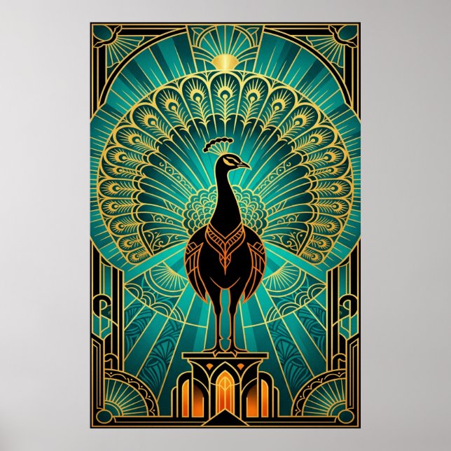 Glamorös Art Deco Påfågel Turkos & Guld Poster (Framsidan)