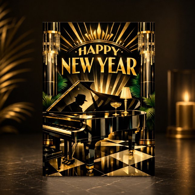 Glamorös Art Deco-piano Nyår Helgkort (Skapare uppladdad)