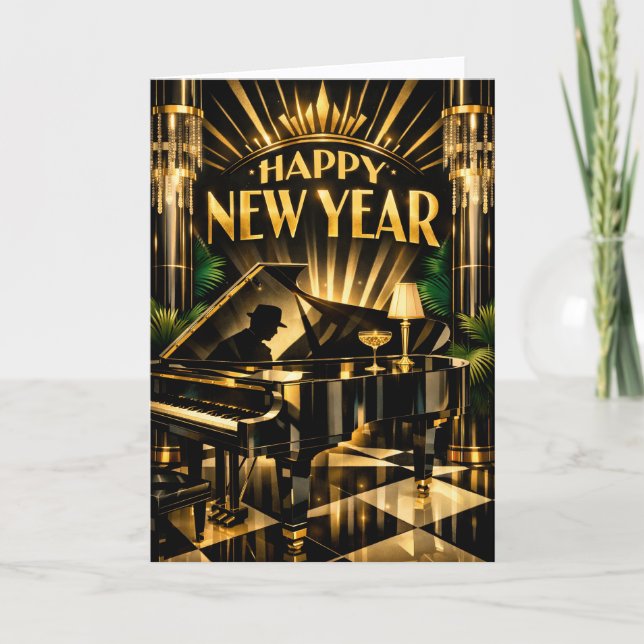 Glamorös Art Deco-piano Nyår Helgkort (Framsida)