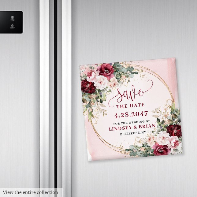 Glamorös Boho Burgunder Rodnad Guld Blommig Datum Magnet (Glamorous Boho Burgundy Blush Gold Floral Save the Date Magnet

)