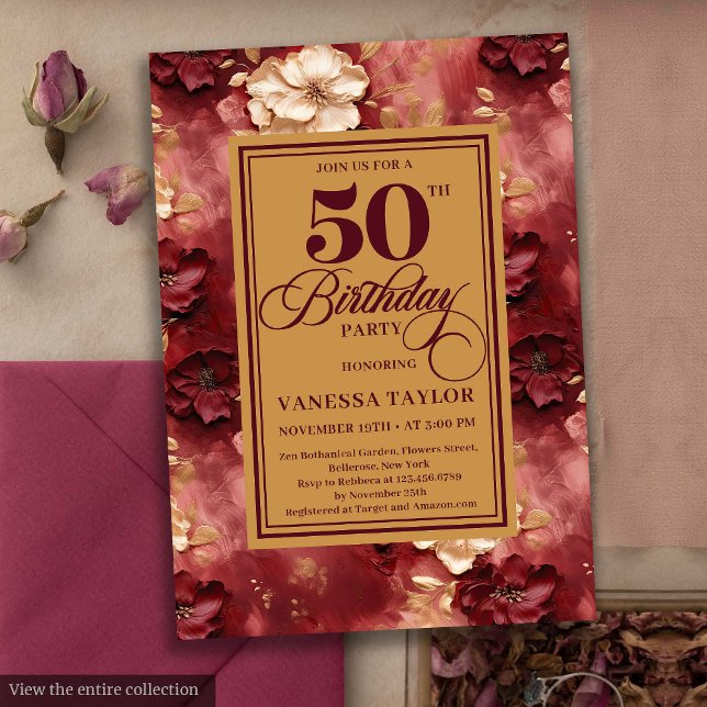 Glamorös burgundi  guld ro 50-årsdagen inbjudningar (Glamorous burgundy blush gold roses 50th birthday card

)