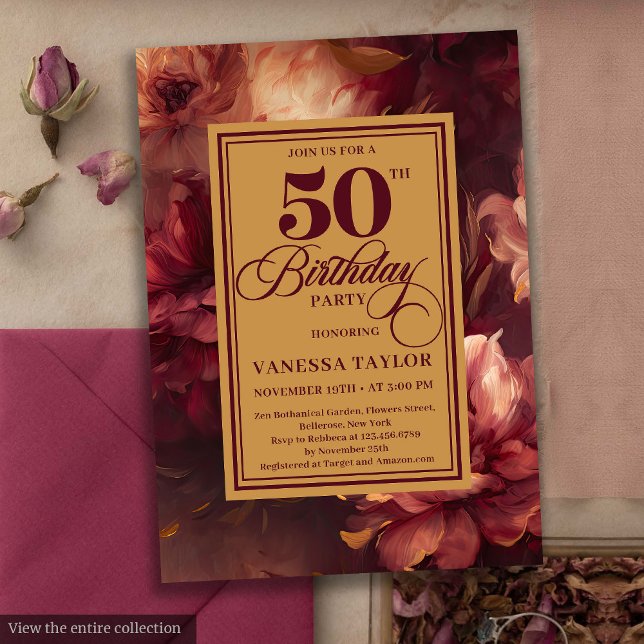 Glamorös burgundi  guld ro 50-årsdagen inbjudningar (Glamorous burgundy blush gold roses 50th birthday card

)