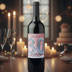 Glamorös Chic Rosa och Silver Sequin 30 födelsedag Vinflaska Etikett