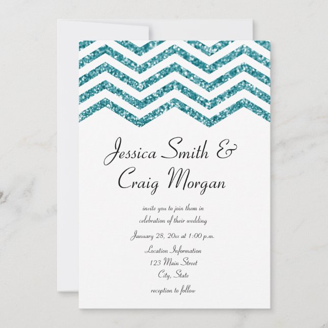 Glamorös falsk teal glitter chevron bröllop inbjudningar (Framsida)