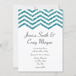 Glamorös falsk teal glitter chevron bröllop inbjudningar