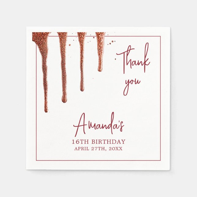 Glamorös Glitter-droppsvett Ro Guld 16 födelsedag Pappersservett (Framsidan)