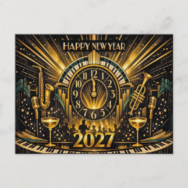 Glamorös guld Art Deco nyårsfirande med jazz Helg Vykort