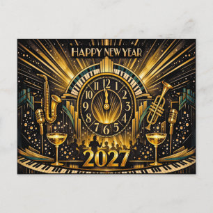 Glamorös guld Art Deco nyårsfirande med jazz Helg Vykort