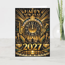 Glamorös guld Art Deco nyårsfirande med jazz Helgkort