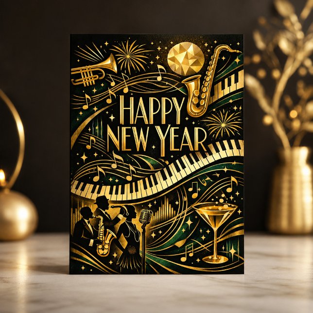 Glamorös guld jazz Art Deco nyår Helgkort (Skapare uppladdad)