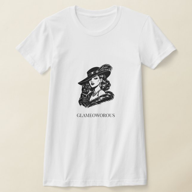 Glamorös kvinna med katt modeillustration t shirt (Laydown)