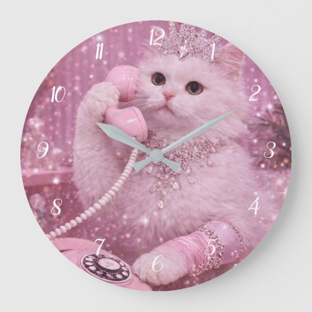 Glamorös Prinsesskatt som använder telefon Stor Klocka (Framsida)