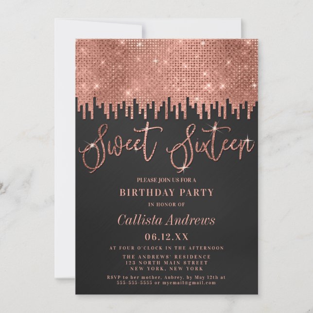 Glamorös Ro Guld Black Glitter Pixels Sweet 16 Inbjudningar (Framsida)