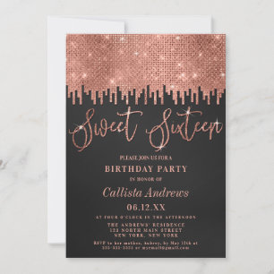 Glamorös Ro Guld Black Glitter Pixels Sweet 16 Inbjudningar