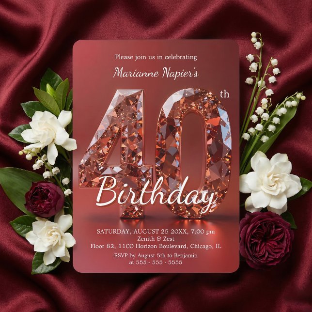 Glamorös Rosa Guld Ädelsten 40-årsdag Inbjudningar (Skapare uppladdad)