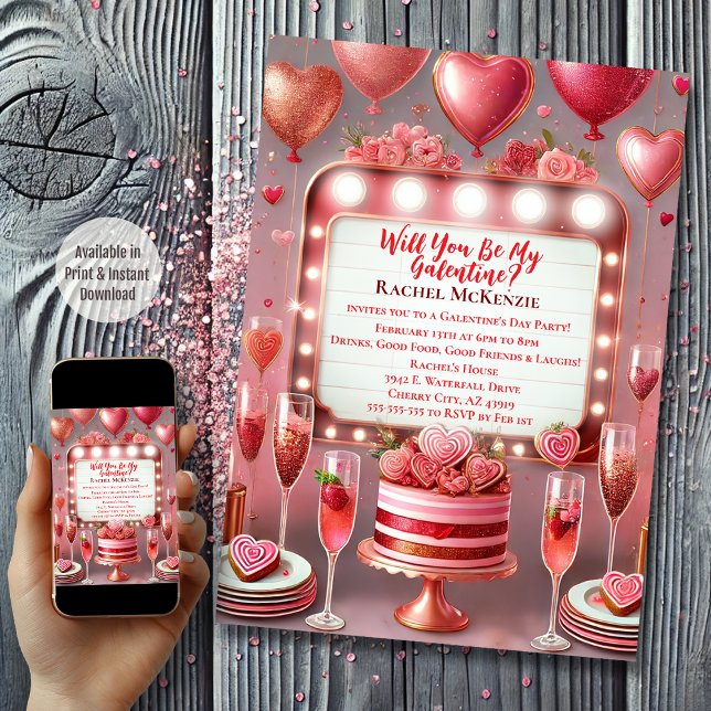Glamorös Rosa och Red Firande Galentine's Day Inbjudningar (Marquee Galentine's Day)