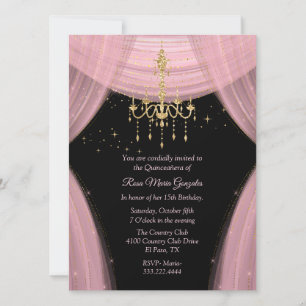 Glamorös rosa och svart Quinceañera Inbjudningar