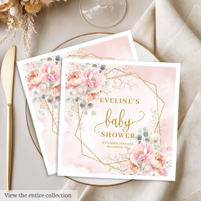 Glamorös  rosa peonies babydusch party pappersservett (Glamorous blush pink peonies baby shower party Napkins)