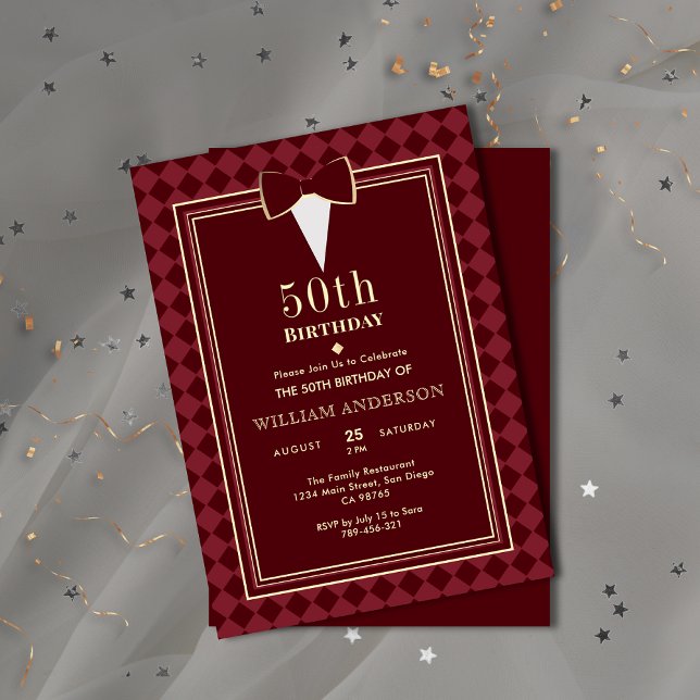 Glamorös Sammet Burgunder Röd Guld Smoking Tema Fe Inbjudningar (Glamorous Velvet Burgundy Gold Tuxedo Theme Party Invitation )
