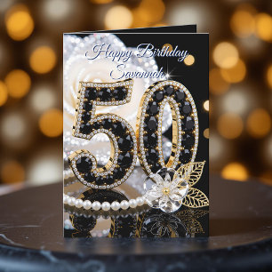 Glamorös svart ädelsten vit ros 50-årsdag kort