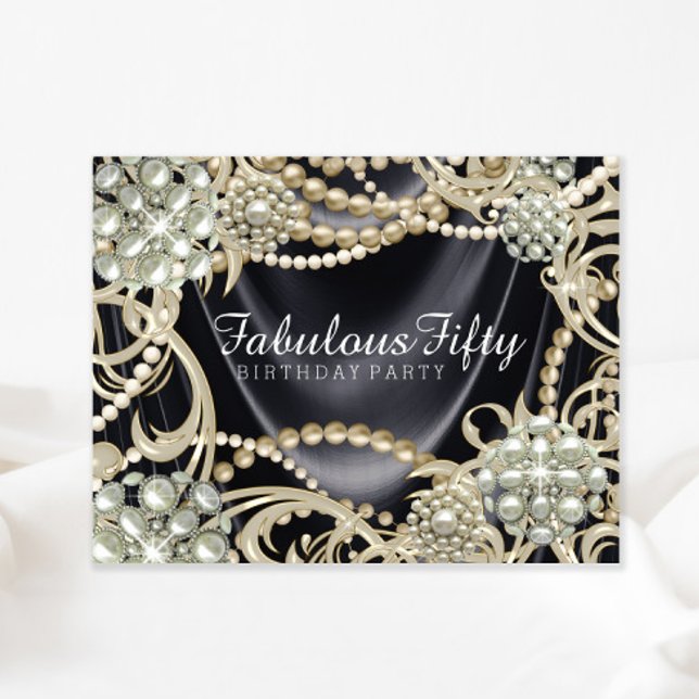 Glamorös Svart Elfenbenspärl Födelsedagsfest Inbjudningar (You can change the text as needed on this elegant any occasion invitation.)
