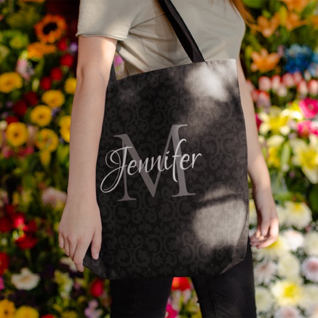 Glamorös svart grå och vit monogram tygkasse (Black Grey and White Monogram Tote Bag)