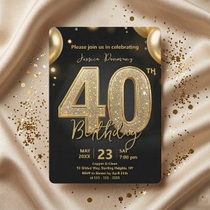 Glamorös svart guld glitter 40-års födelsedagsfest inbjudningar