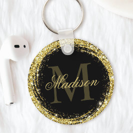 Glamorös svart guld glitter monogramnamn nyckelring