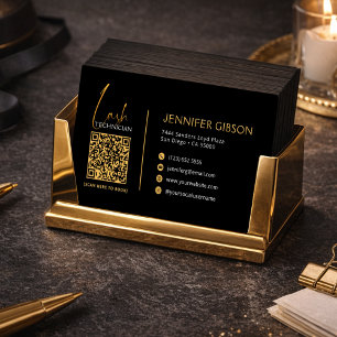 Glamorös Svart & Guld Lash Tech QR-kod Visitkort