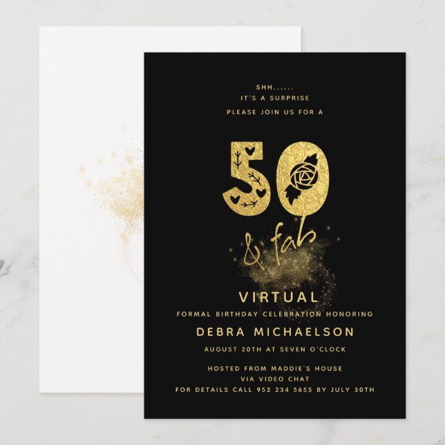 Glamorös svart och guld 50 & fantastisk virtuell f inbjudningar (Fram/baksida)