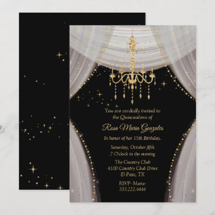 Glamorös svart rodnad och guld Quinceañera Inbjudningar