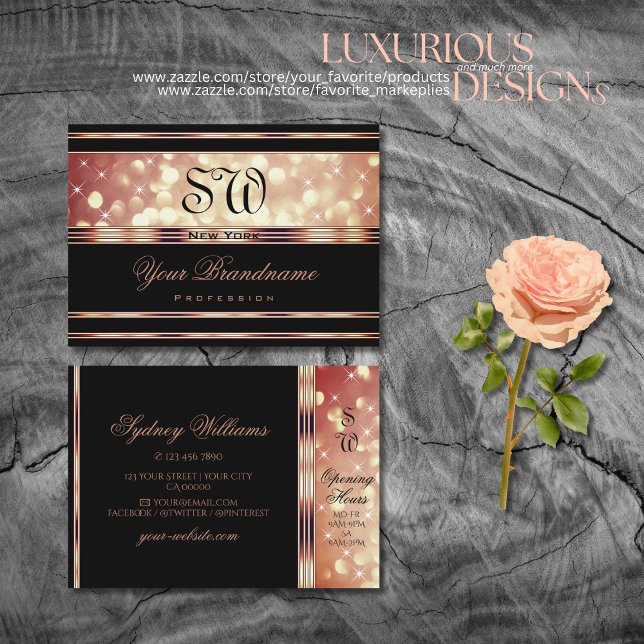 Glamorös svart roséguld glittrande monogram visitkort (Skapare uppladdad)