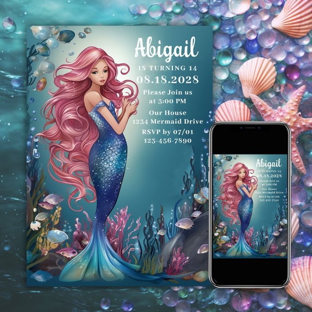 Glamorös vimisk Sjöjungfru under havsfödelsedagen Inbjudningar (Glamorous Whimsical Mermaid Under the Sea Birthday Invitation)