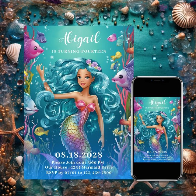 Glamorös vimisk Sjöjungfru under havsfödelsedagen Inbjudningar (Glamorous Whimsical Mermaid Under the Sea Birthday Invitation)