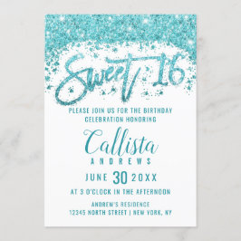 Glamorös vit Aqua Blue Glitter Dust Sweet 16 Inbjudningar