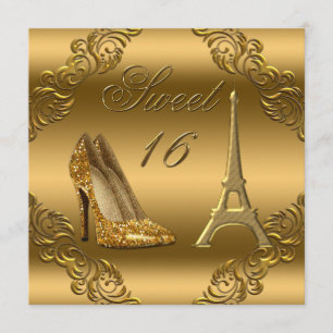 Glamorösa Högklackar i Paris Guld Glitter Sweet 16 Inbjudningar