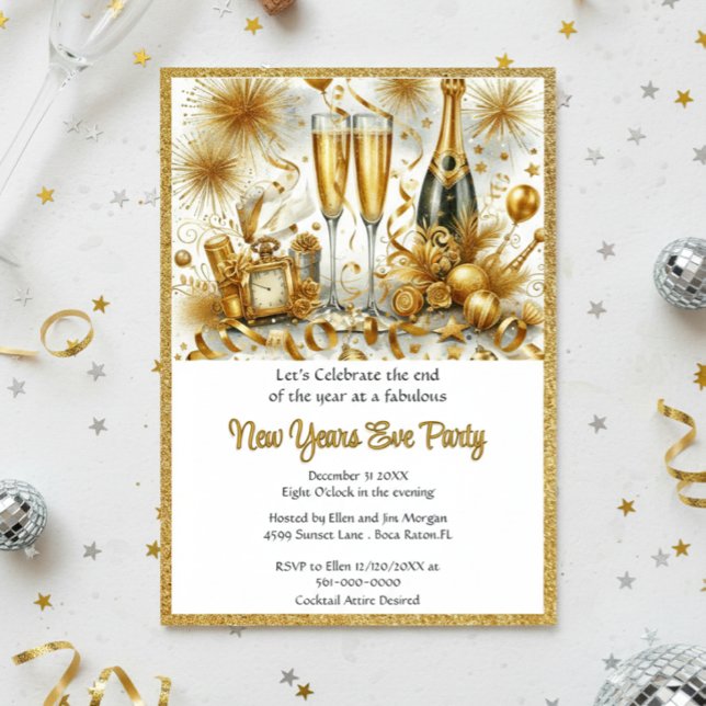 Glamoröst guld på vit nyårsfest  inbjudningar (Elegant Gold Glitter New Years Eve Party Template Invitation )