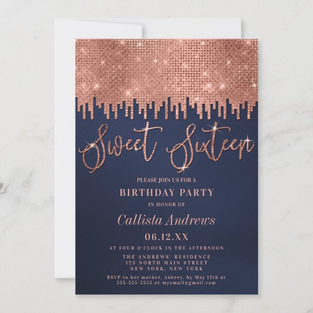 Glamoröst marint Glitter Pixels Sweet 16 Ro Guld Inbjudningar (Framsida)
