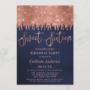 Glamoröst marint Glitter Pixels Sweet 16 Ro Guld Inbjudningar