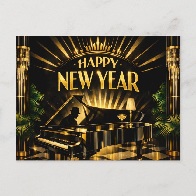 Glamorous Art Deco Piano New Year Helg Vykort (Framsida)