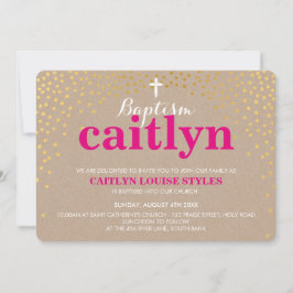 GLAMOROUS BAPTISM Rustic guld konetti rosa Kraft Inbjudningar